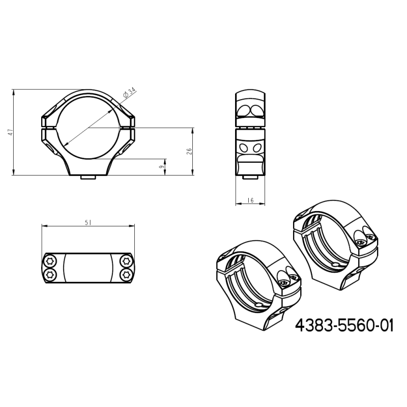 34mm montasjeringer | lang Picatinny QD Ergo-base 