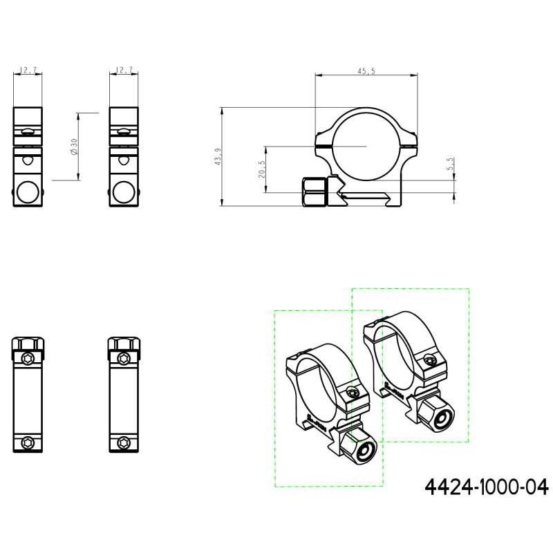 30 mm montasjeringer | Picatinny-base med skruemutter 